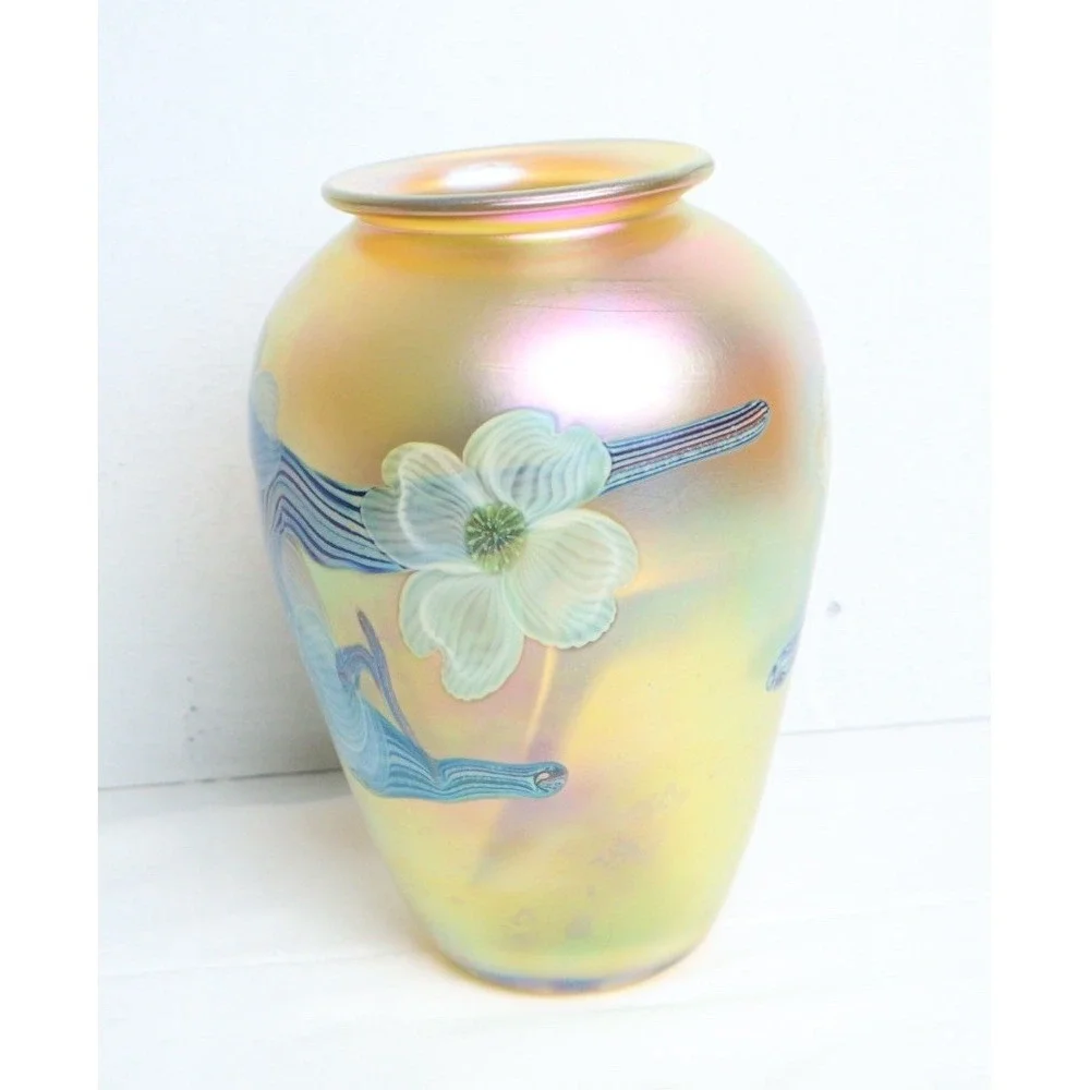 VTG 80's Orient & Flume Art Glass Vase Gold Iriscene Dogwood In Bloom Signed